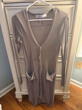 Free People Taupe Long Ribbed Button Cardigan